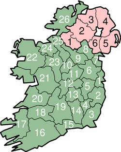 mapa Irska s očíslovanými hrabstvími